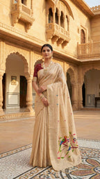 Mameraa Sarees Soft Pure Muga Cotton Saree With Meenakari Weaving Motifs And Contrast Blouse-Cream | Grocsy
