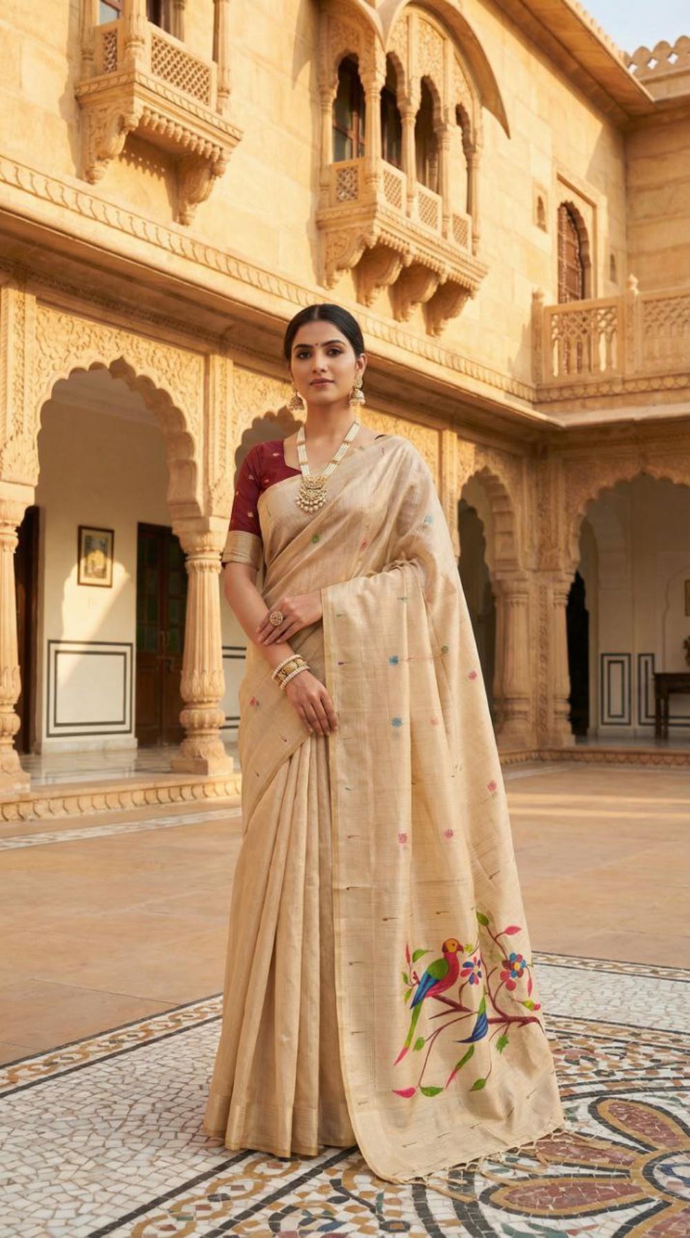 Mameraa Sarees Soft Pure Muga Cotton Saree With Meenakari Weaving Motifs And Contrast Blouse-Cream | Grocsy