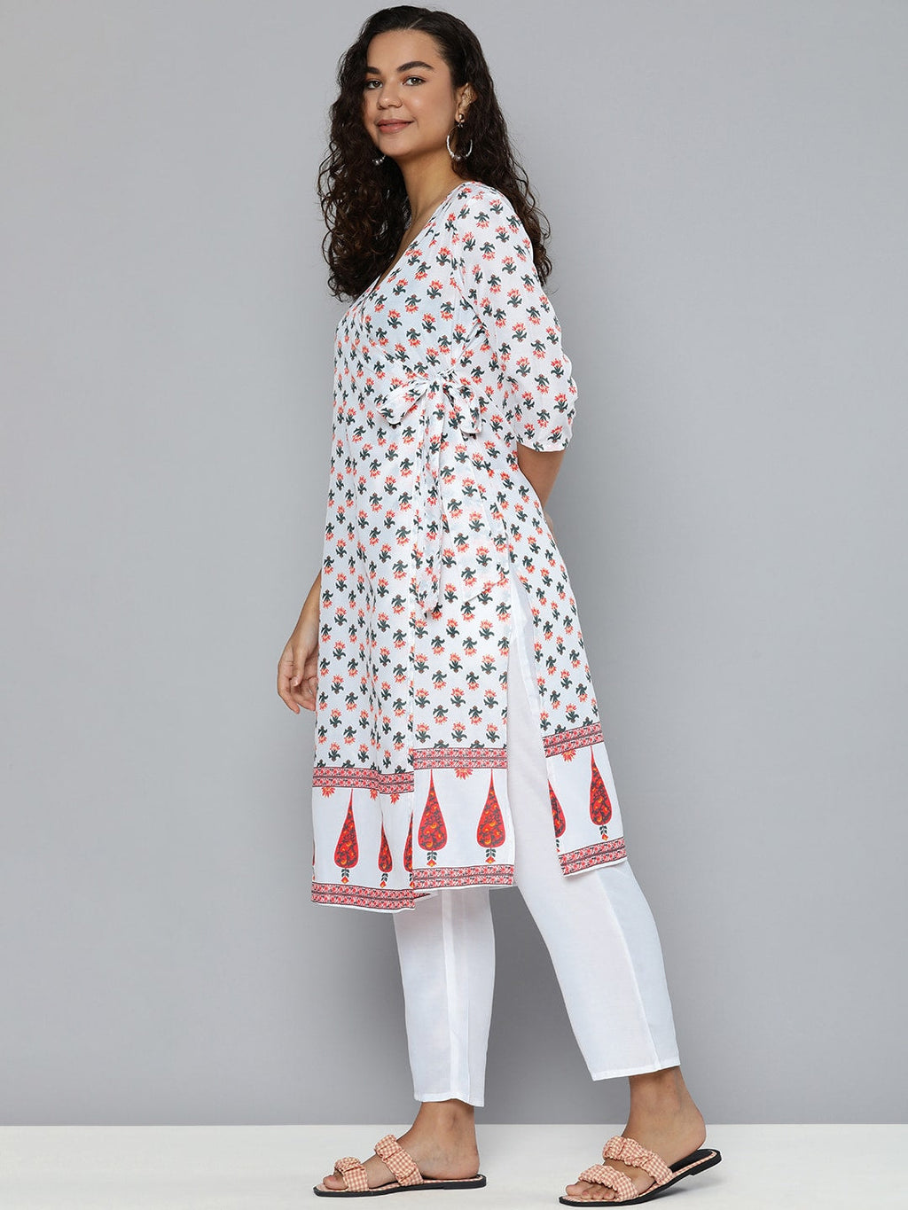 HERE&NOW Women White & Green Floral Printed Angrakha Kurta with Trousers | Grocsy