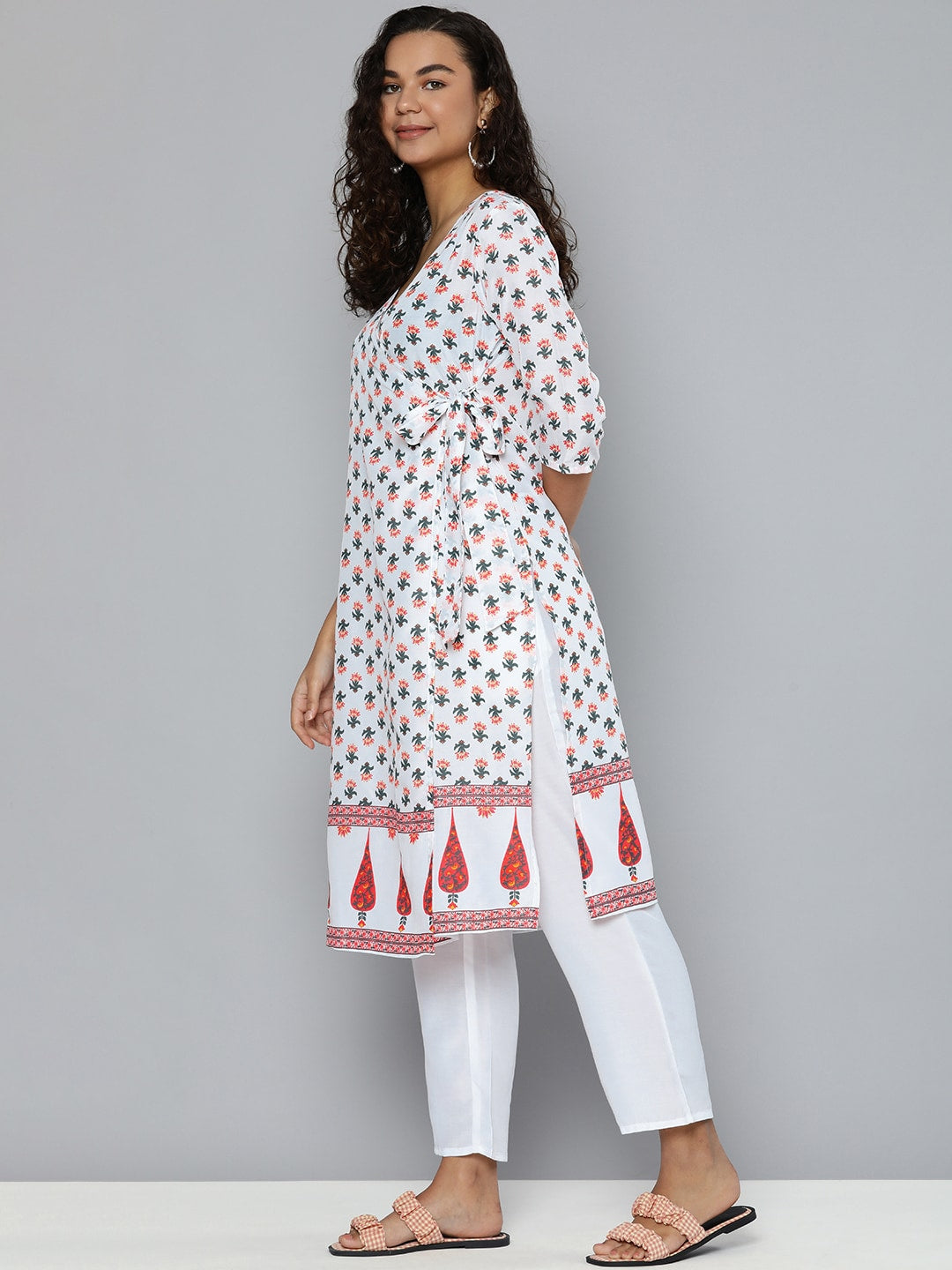 HERE&NOW Women White & Green Floral Printed Angrakha Kurta with Trousers | Grocsy