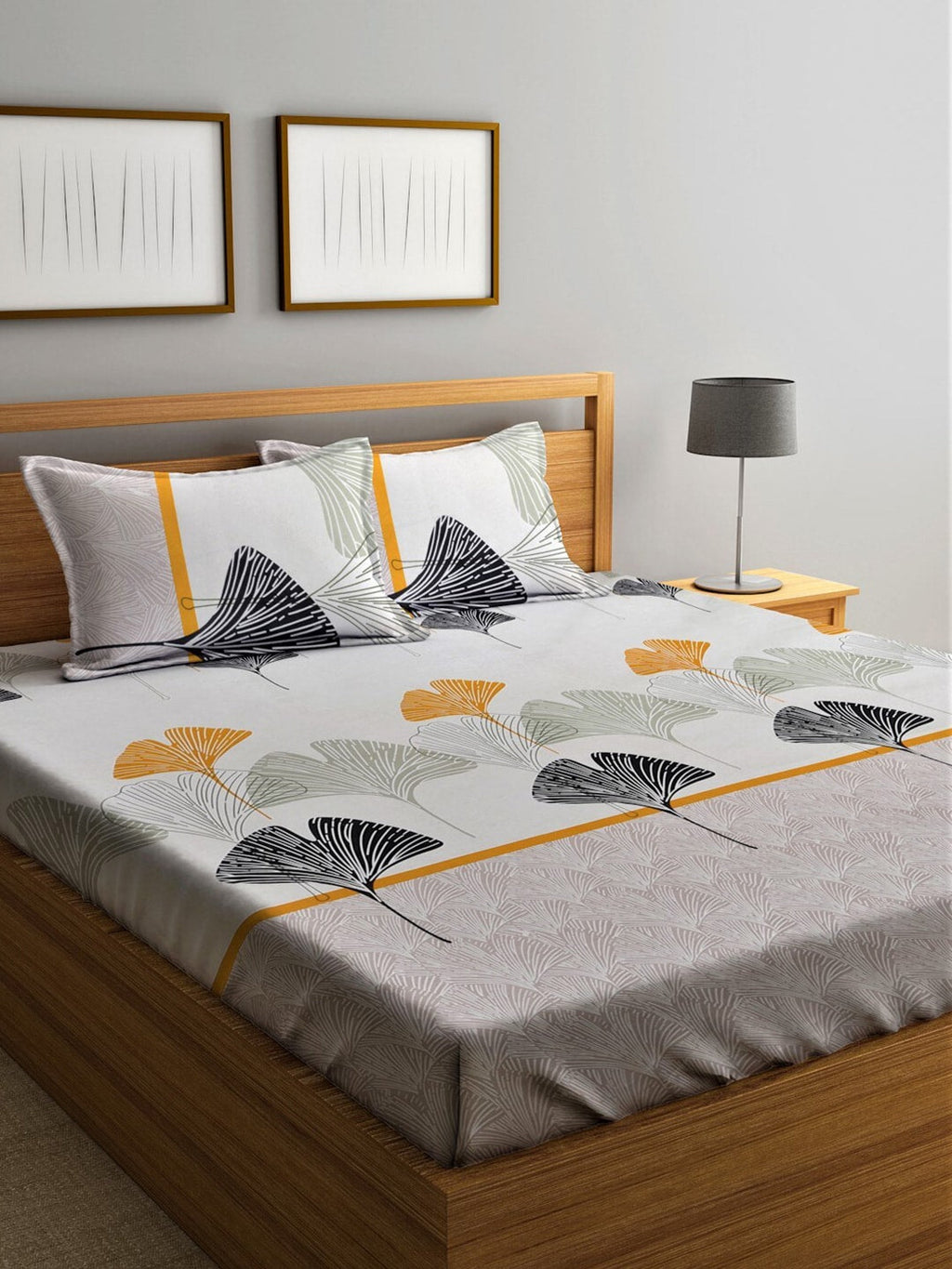 Home Sizzler Grey & Yellow Floral 210 TC Queen Bedsheet with 2 Pillow Covers | Grocsy