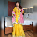 Yash Enterprise Yellow Chinon Silk Party Wear Sharara Suit Set | Grocsy