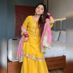 Yash Enterprise Yellow Chinon Silk Party Wear Sharara Suit Set | Grocsy