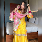 Yash Enterprise Yellow Chinon Silk Party Wear Sharara Suit Set | Grocsy