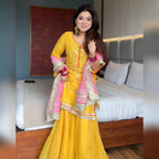 Yash Enterprise Yellow Chinon Silk Party Wear Sharara Suit Set | Grocsy