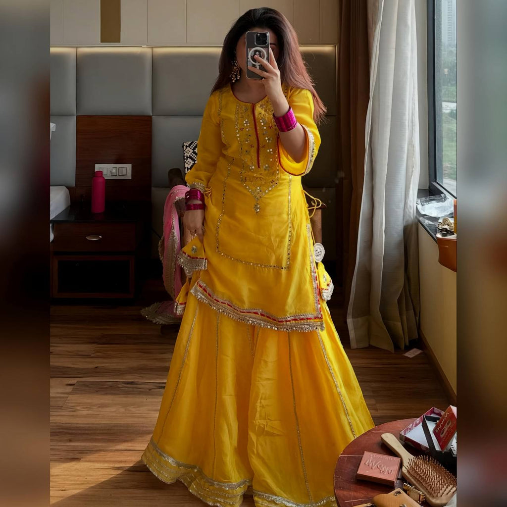 Yash Enterprise Yellow Chinon Silk Party Wear Sharara Suit Set | Grocsy