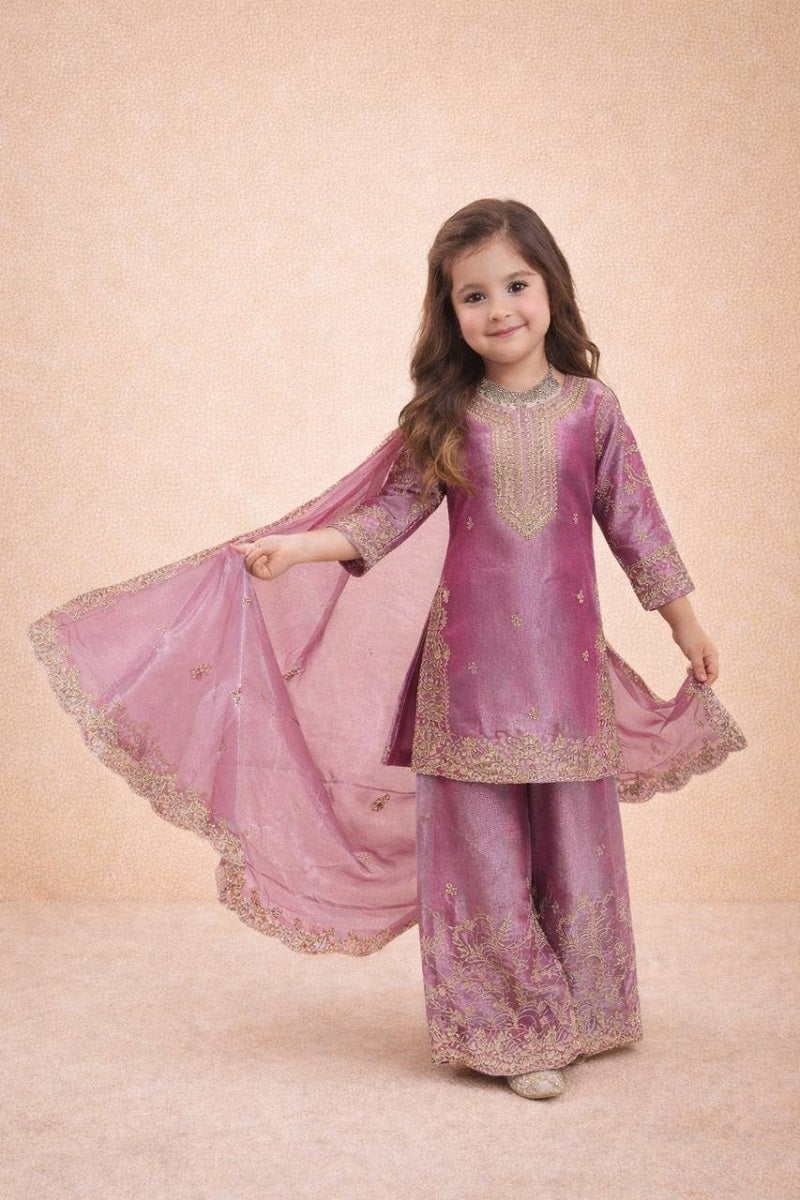 Evanik Pink Designer Party Wear Heavy Silk Kids Top Sharara & Dupatta Set | Grocsy
