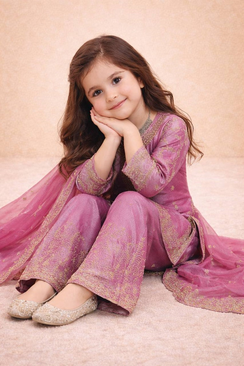 Evanik Pink Designer Party Wear Heavy Silk Kids Top Sharara & Dupatta Set | Grocsy
