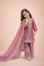 Evanik Pink Designer Party Wear Heavy Silk Kids Top Sharara & Dupatta Set | Grocsy