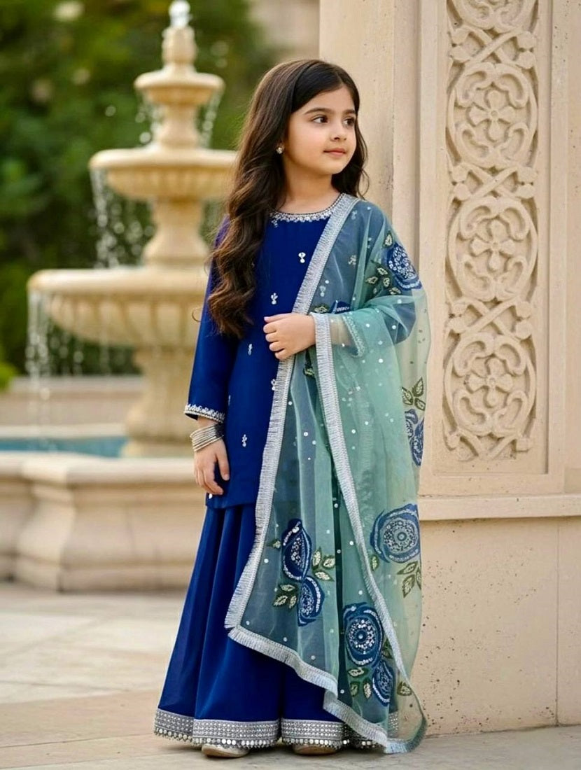 Evanik Blue Designer Viscose Velvet Embroidered Work Kids Kurta Palazzo Set | Grocsy