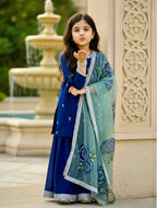 Evanik Blue Designer Viscose Velvet Embroidered Work Kids Kurta Palazzo Set | Grocsy