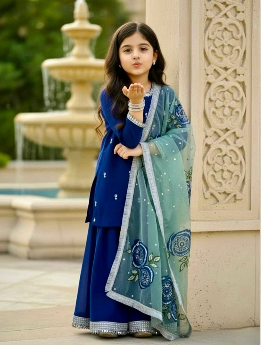 Evanik Blue Designer Viscose Velvet Embroidered Work Kids Kurta Palazzo Set | Grocsy