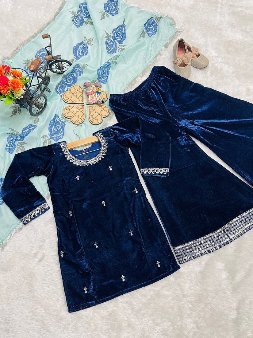 Evanik Blue Designer Viscose Velvet Embroidered Work Kids Kurta Palazzo Set | Grocsy