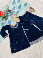 Evanik Blue Designer Viscose Velvet Embroidered Work Kids Kurta Palazzo Set | Grocsy