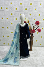 Evanik Blue Designer Viscose Velvet Embroidered Work Kids Kurta Palazzo Set | Grocsy