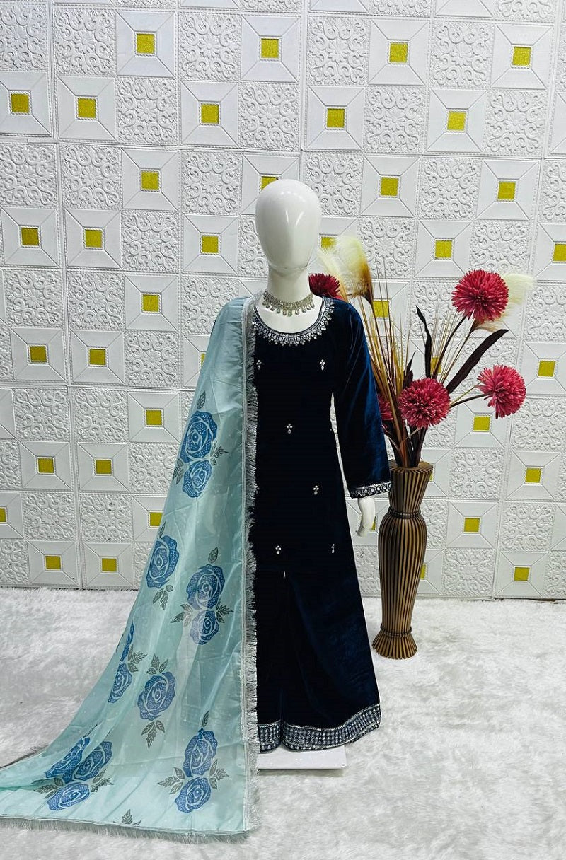 Evanik Blue Designer Viscose Velvet Embroidered Work Kids Kurta Palazzo Set | Grocsy
