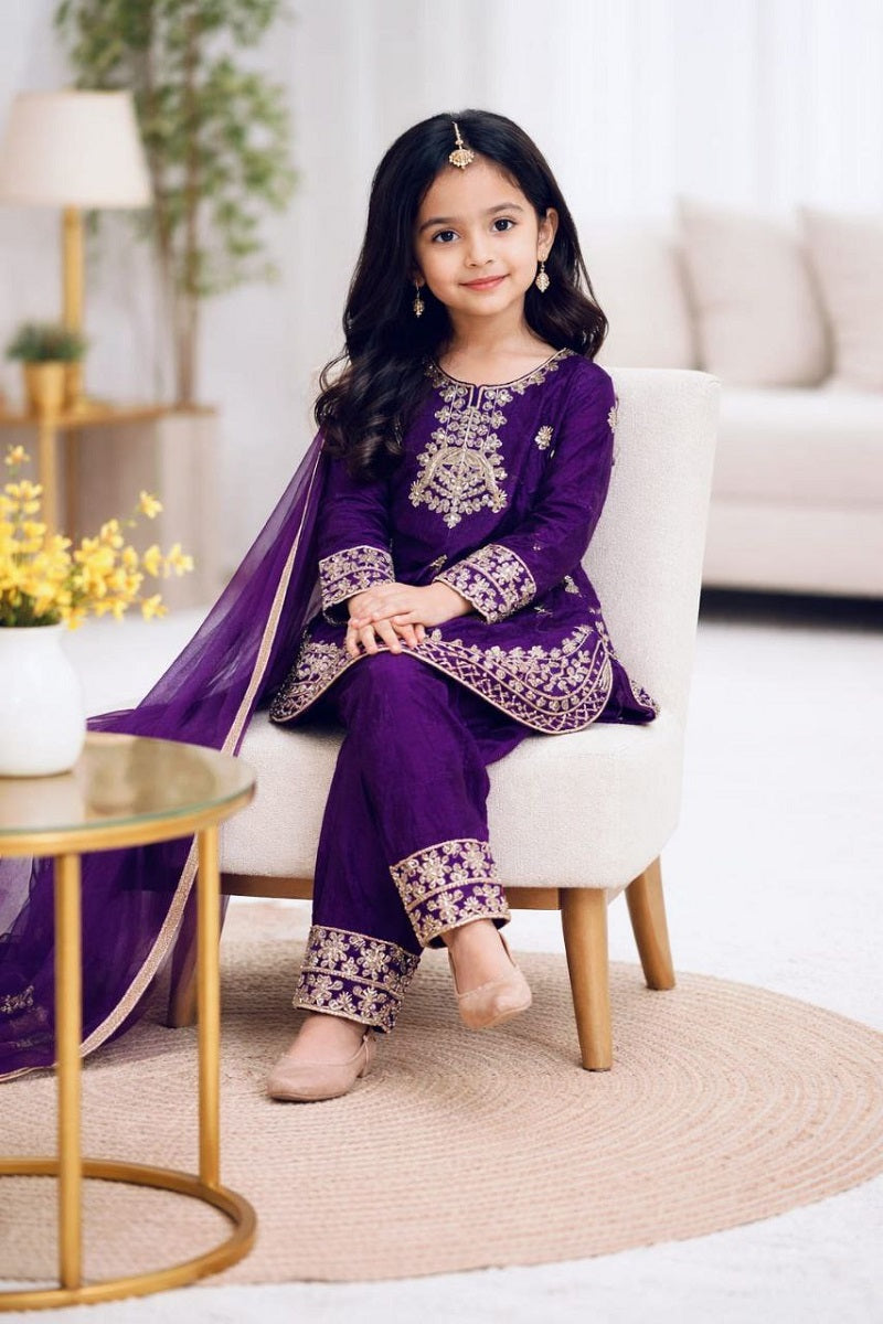 Evanik Purple Designer Party Wear Look Kids Top Salwar & Dupata | Grocsy