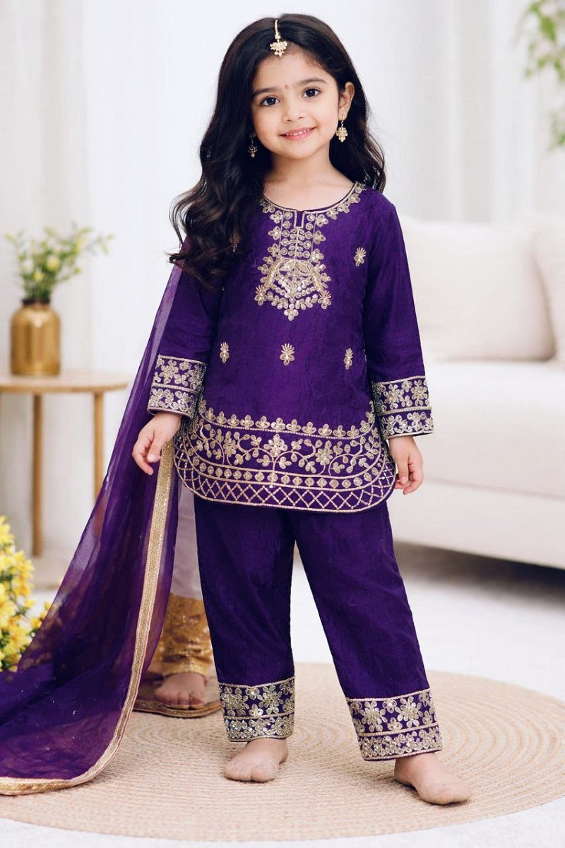 Evanik Purple Designer Party Wear Look Kids Top Salwar & Dupata | Grocsy