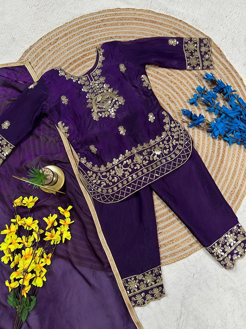Evanik Purple Designer Party Wear Look Kids Top Salwar & Dupata | Grocsy