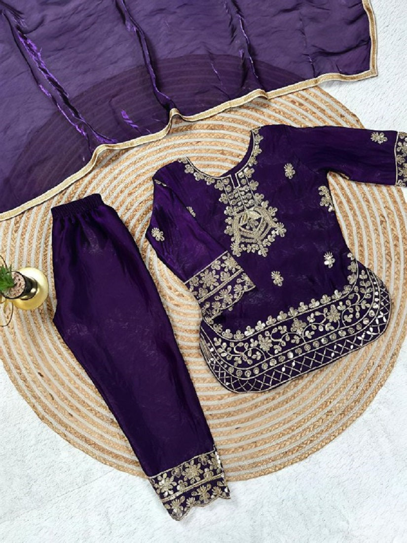 Evanik Purple Designer Party Wear Look Kids Top Salwar & Dupata | Grocsy