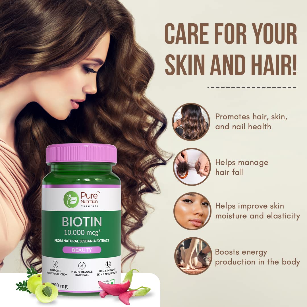 Pure Nutrition Biotin 10,000mcg from Natural Sesbania Extract Veg Tablets | Grocsy