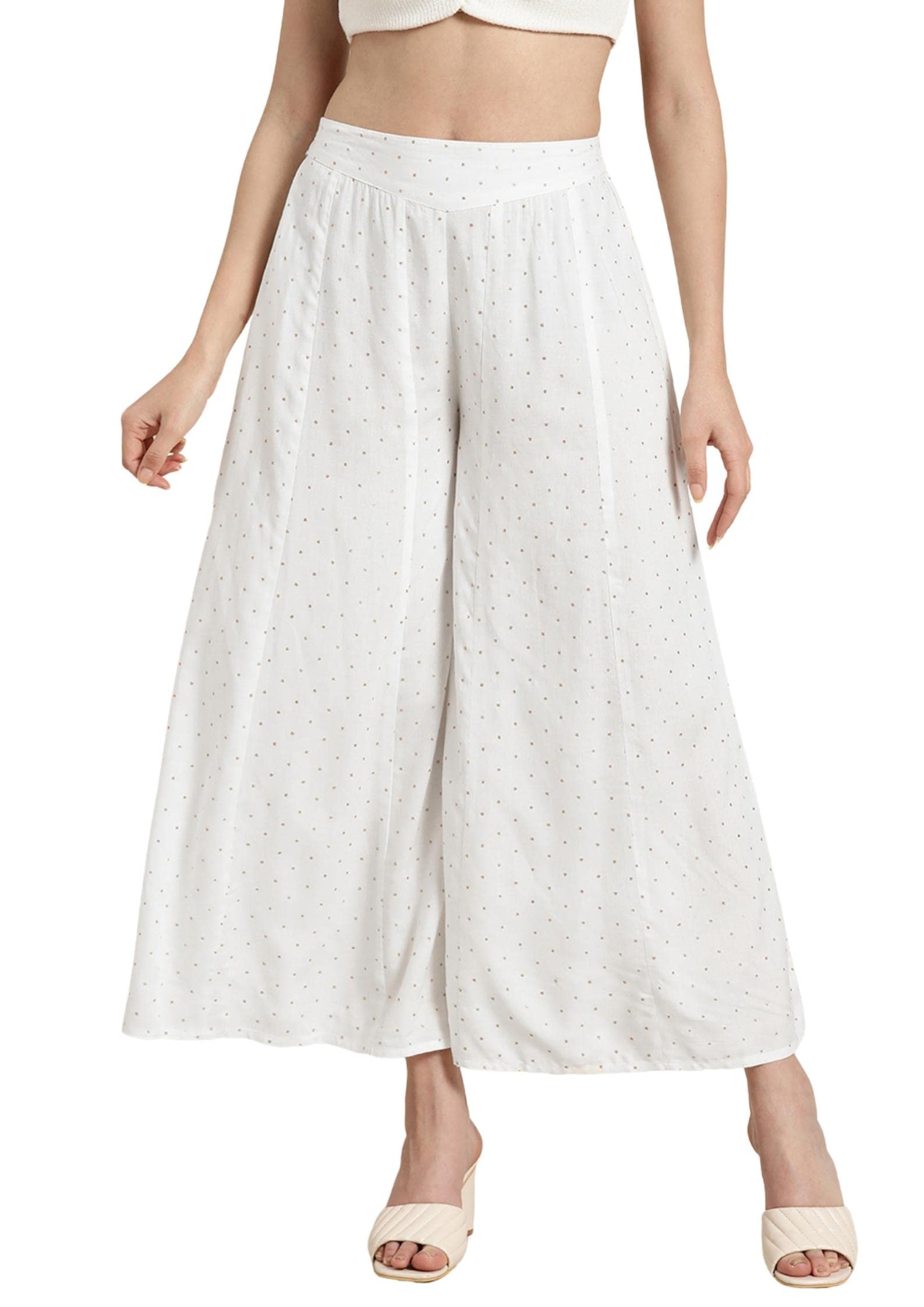 Juniper Women's Off-White Polka Dot Printed Rayon Flared Palazzo | Grocsy