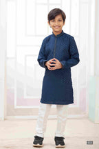 Raivat Ethnic Art Silk Embroidery Work Kids Kurta Pajama In Teal Blue Colour | Grocsy