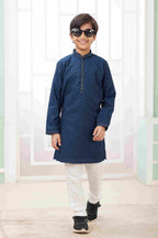 Raivat Ethnic Art Silk Embroidery Work Kids Kurta Pajama In Teal Blue Colour | Grocsy