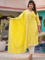 Sangria Yellow Embroidered Pure Cotton Straight Kurta With Trouser & Dupatta | Grocsy