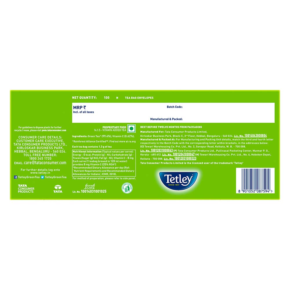 Tetley Green Tea Regular (100 Tea Bags) | Grocsy