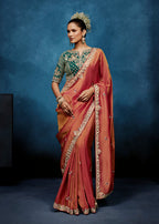 Monjolika Fashion Rust Fancy Fabric Embroidered Saree With Stitched Blouse | Grocsy