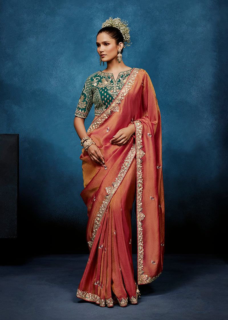 Monjolika Fashion Rust Fancy Fabric Embroidered Saree With Stitched Blouse | Grocsy