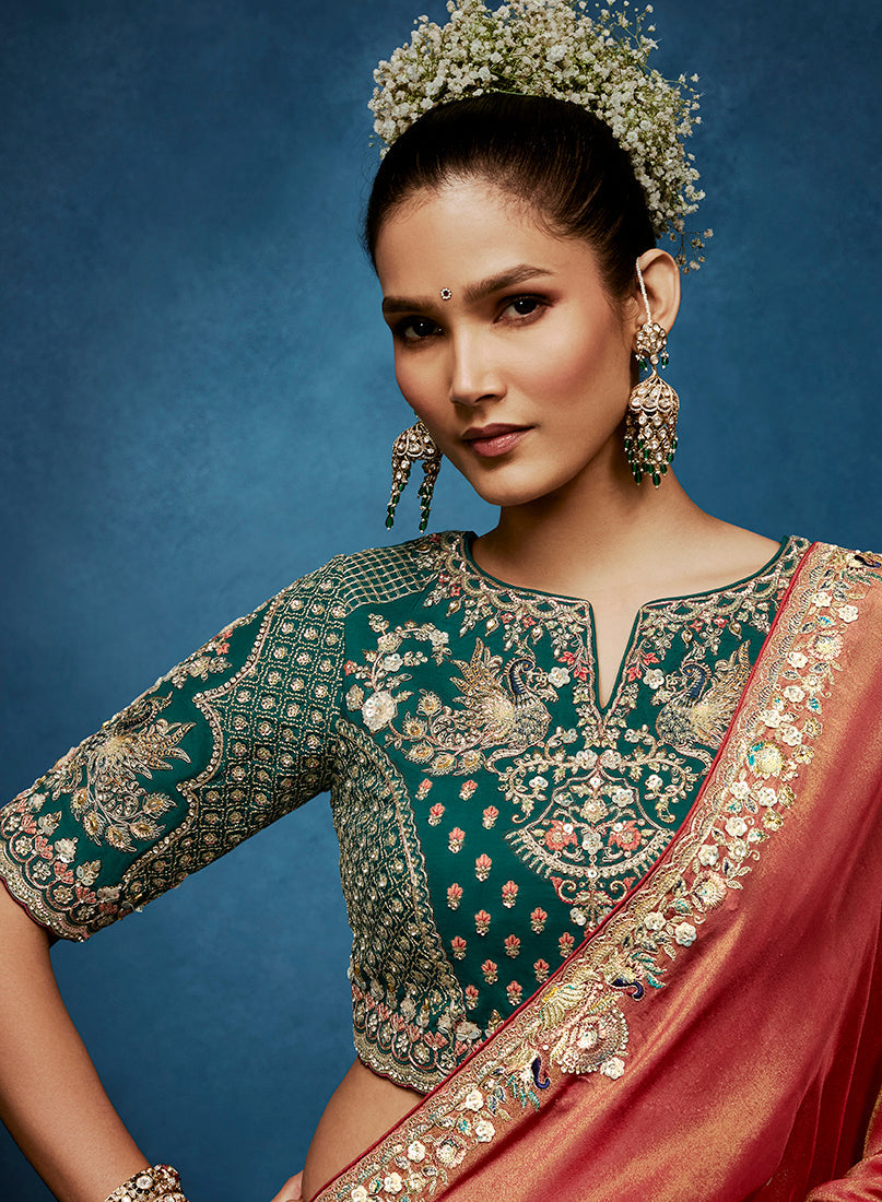 Monjolika Fashion Rust Fancy Fabric Embroidered Saree With Stitched Blouse | Grocsy