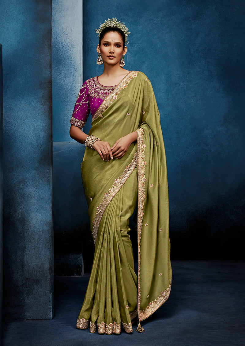 Monjolika Fashion Light Green Fancy Fabric Embroidered Saree With Stitched Blouse | Grocsy