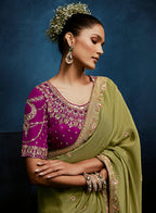 Monjolika Fashion Light Green Fancy Fabric Embroidered Saree With Stitched Blouse | Grocsy