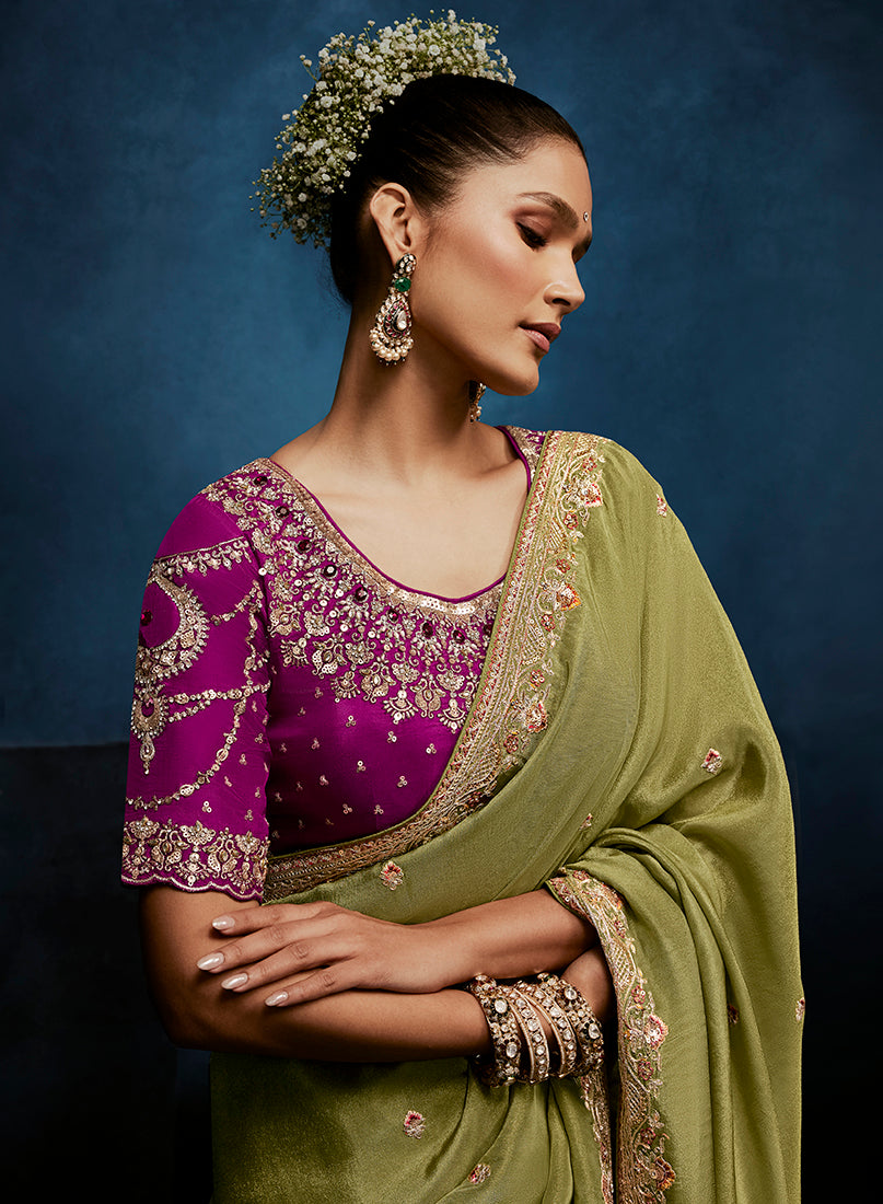 Monjolika Fashion Light Green Fancy Fabric Embroidered Saree With Stitched Blouse | Grocsy