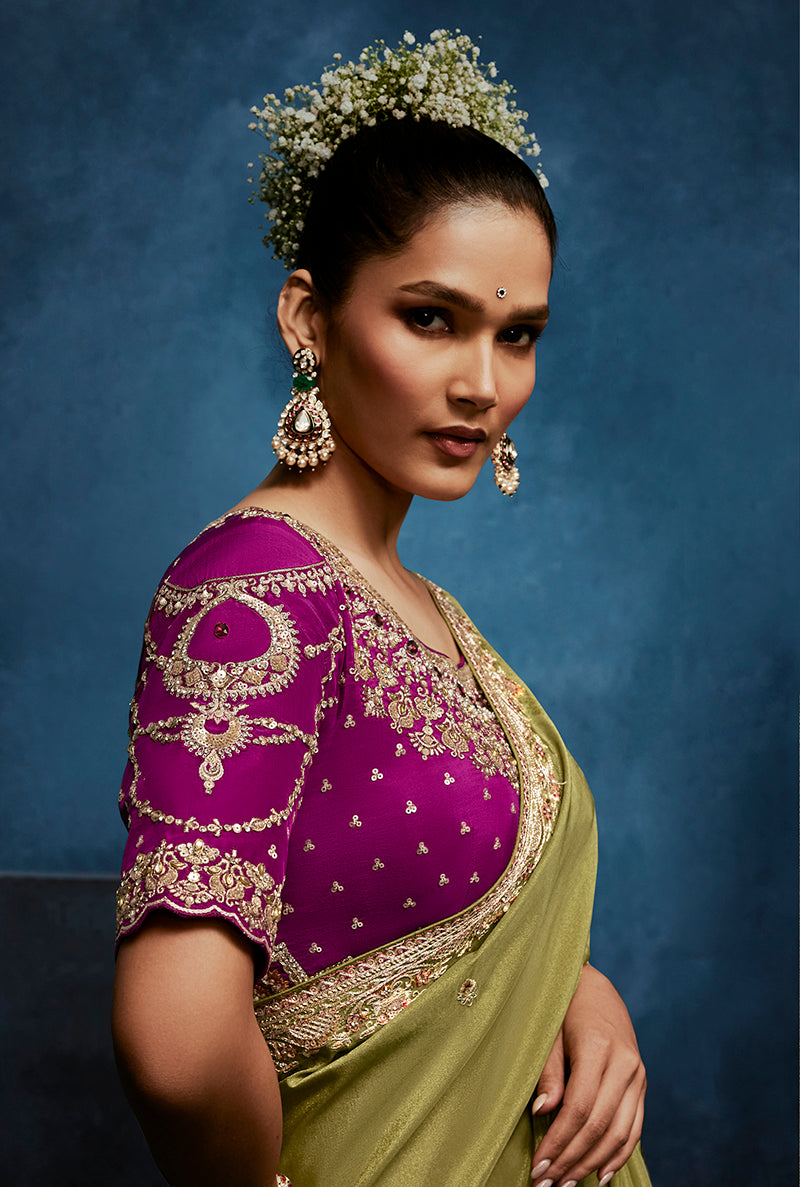 Monjolika Fashion Light Green Fancy Fabric Embroidered Saree With Stitched Blouse | Grocsy
