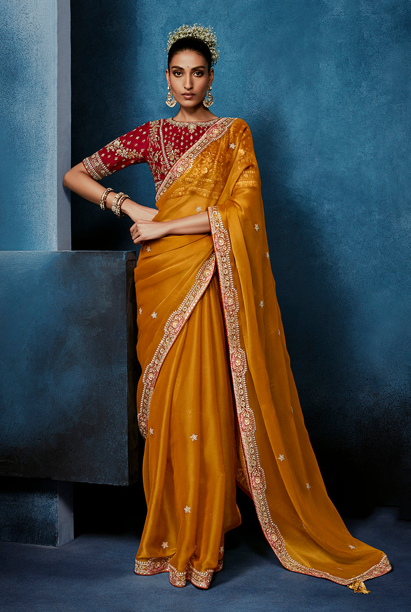 Monjolika Fashion Orange Fancy Fabric Embroidered Saree With Stitched Blouse | Grocsy