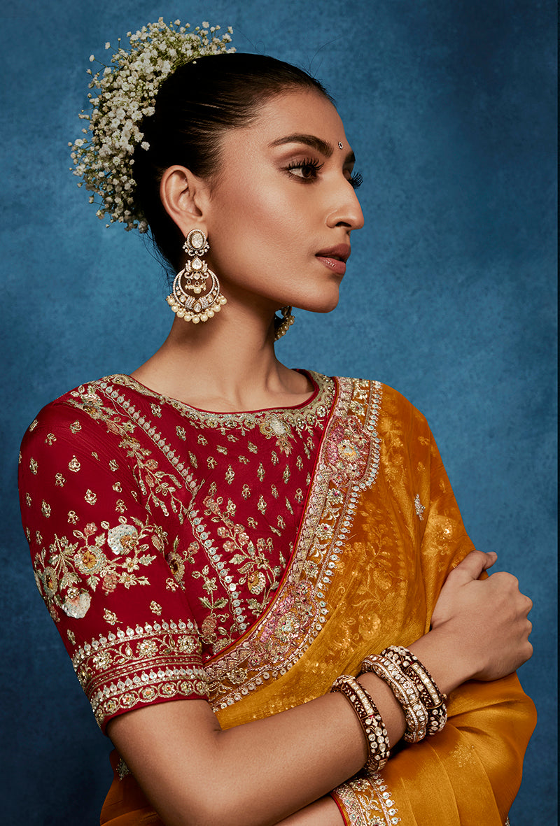 Monjolika Fashion Orange Fancy Fabric Embroidered Saree With Stitched Blouse | Grocsy
