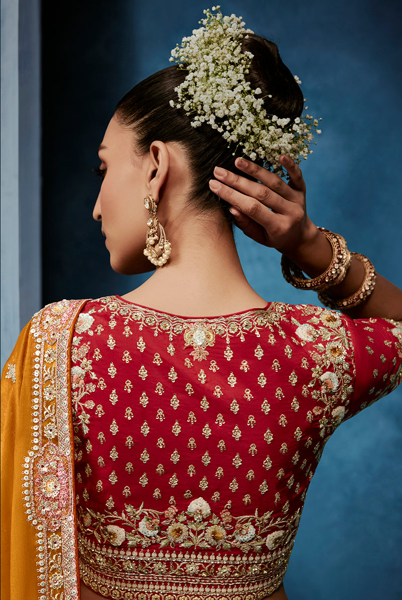 Monjolika Fashion Orange Fancy Fabric Embroidered Saree With Stitched Blouse | Grocsy