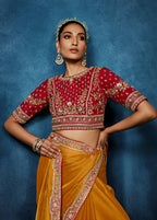 Monjolika Fashion Orange Fancy Fabric Embroidered Saree With Stitched Blouse | Grocsy