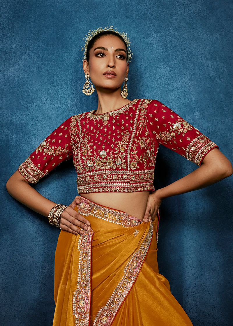 Monjolika Fashion Orange Fancy Fabric Embroidered Saree With Stitched Blouse | Grocsy