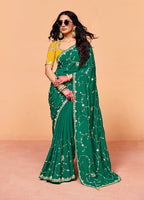 Monjolika Fashion Teal Green Faux Organza Satin Saree With Embroidery | Grocsy