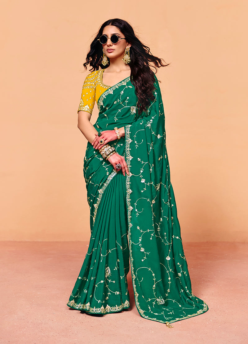 Monjolika Fashion Teal Green Faux Organza Satin Saree With Embroidery | Grocsy