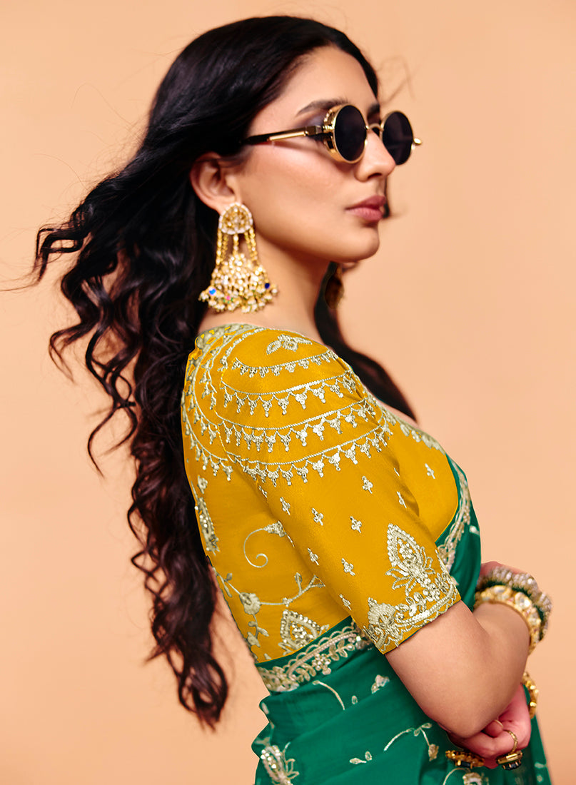 Monjolika Fashion Teal Green Faux Organza Satin Saree With Embroidery | Grocsy