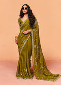 Monjolika Fashion Olive Green Faux Organza Satin Saree With Embroidery | Grocsy