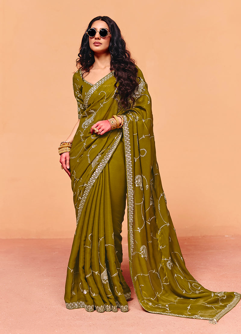 Monjolika Fashion Olive Green Faux Organza Satin Saree With Embroidery | Grocsy