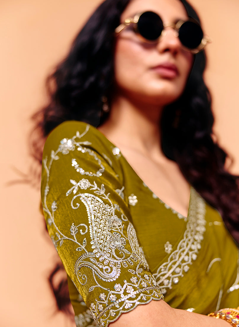 Monjolika Fashion Olive Green Faux Organza Satin Saree With Embroidery | Grocsy
