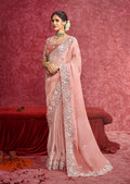 Monjolika Fashion Peach Satin Silk Embroidered Work Saree | Grocsy