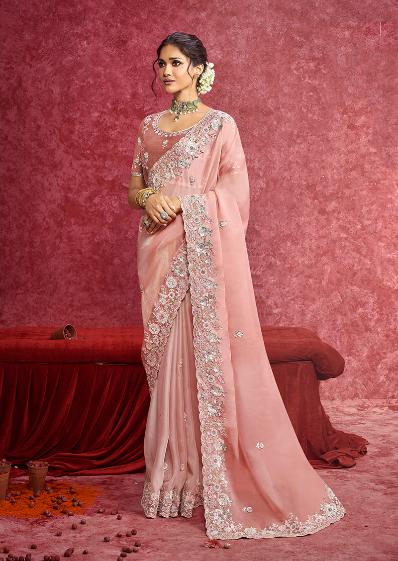 Monjolika Fashion Peach Satin Silk Embroidered Work Saree | Grocsy